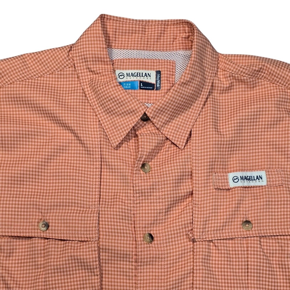 Magellan Fish Gear Shirt Mens L Orange Check Fishing Vented Outdoor